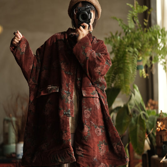 Styled outfit with Vintage Floral Corduroy Quilted Coat, perfect for fall and winter