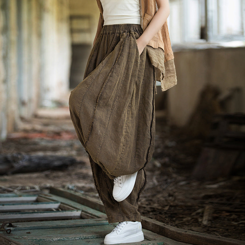 Relaxed fit distressed cotton-linen pants waistband close-up