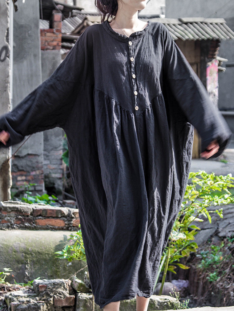 Women’s cotton linen dress with long sleeves and breathable texture