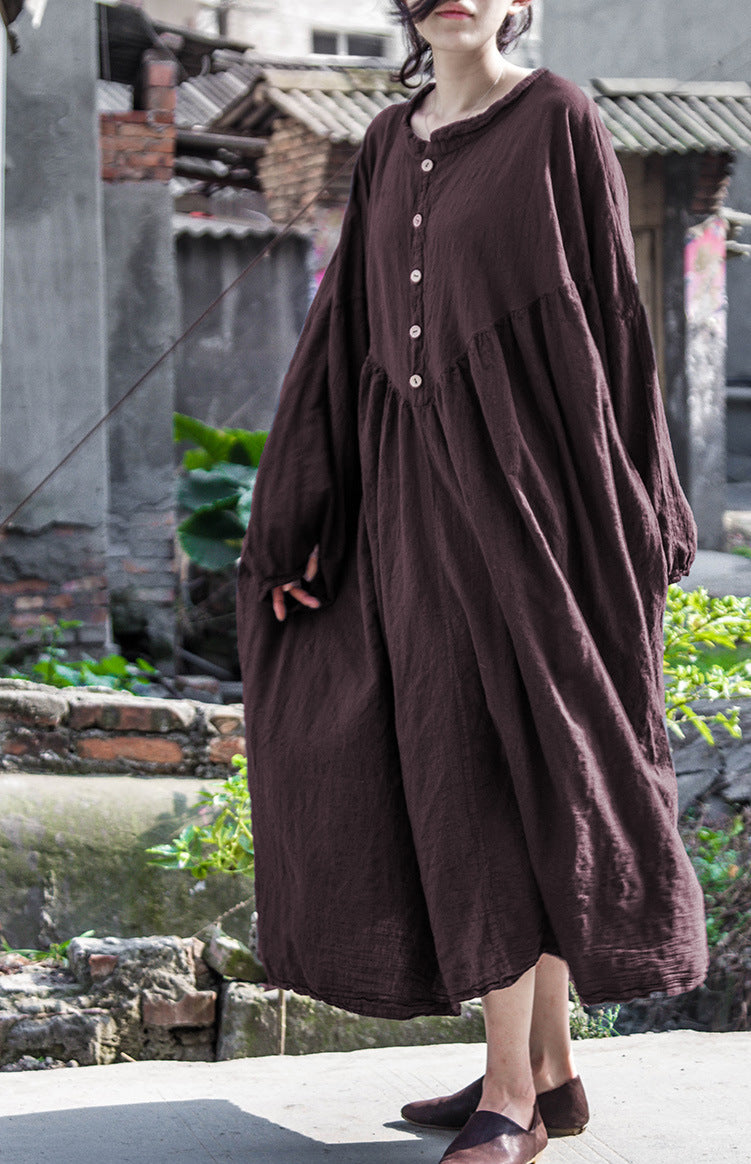 Side view of relaxed cotton linen dress styled for casual wear