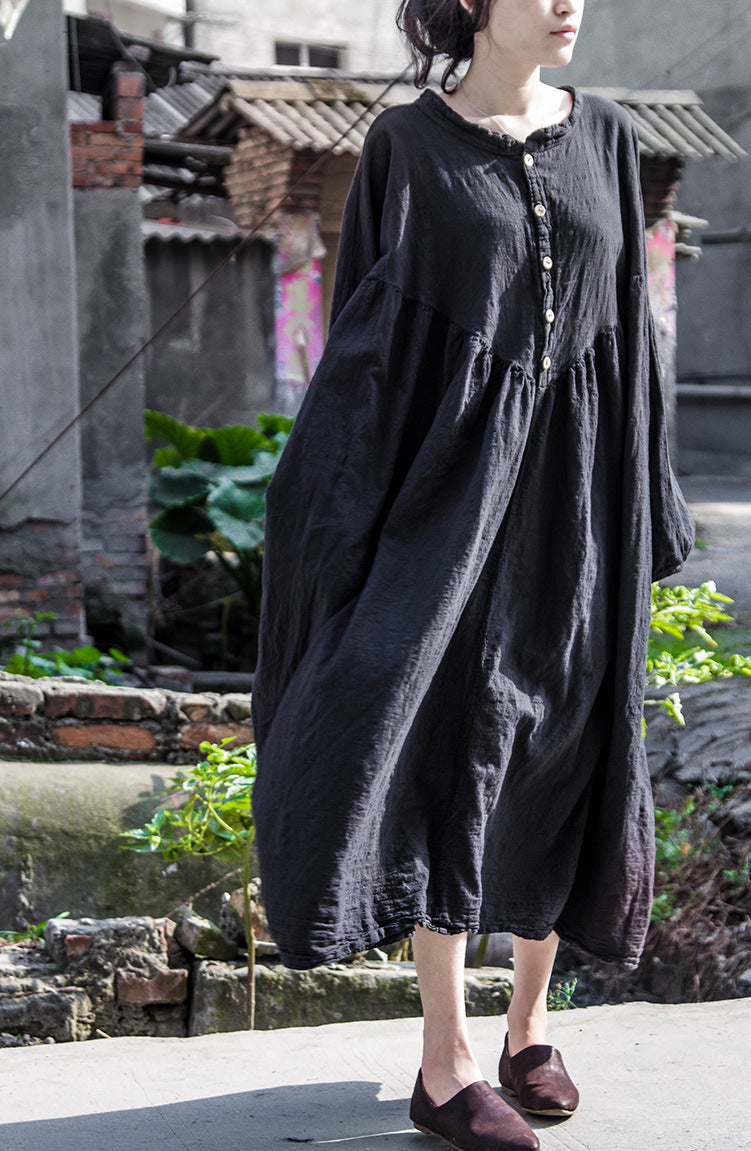 Relaxed long sleeve cotton linen dress front view with a loose everyday fit