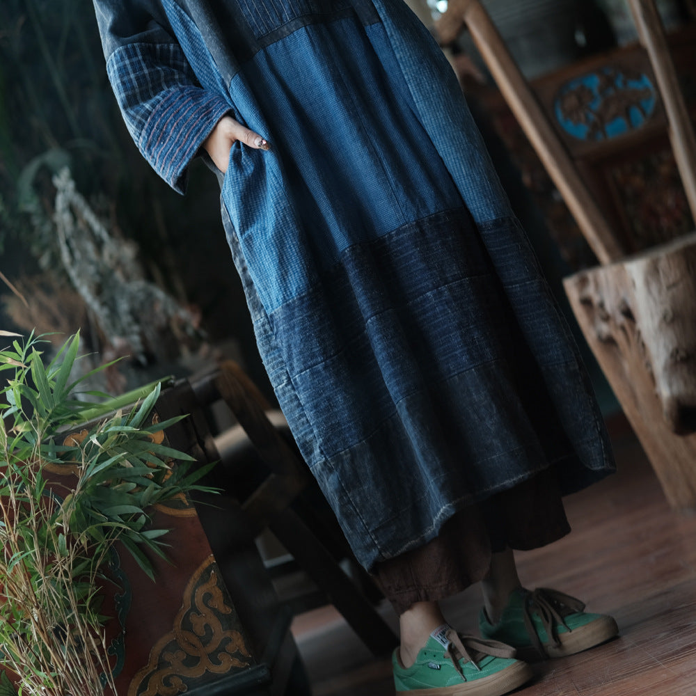 Fabric texture of retro blue patchwork distressed boho dress
