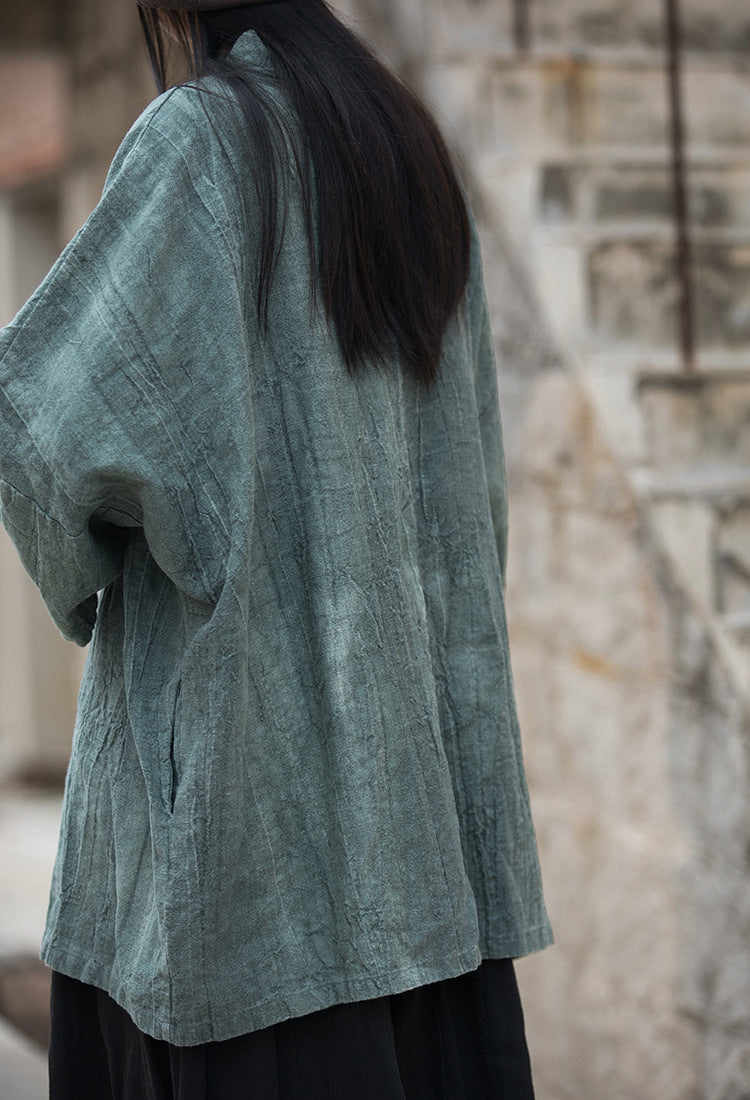 Hippie outfit with distressed cotton-linen jacket