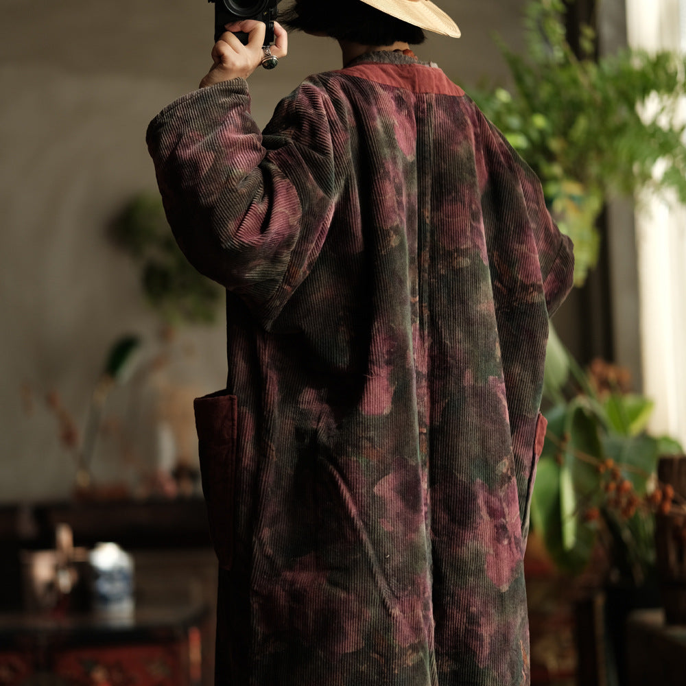 Floral print detail on corduroy fabric