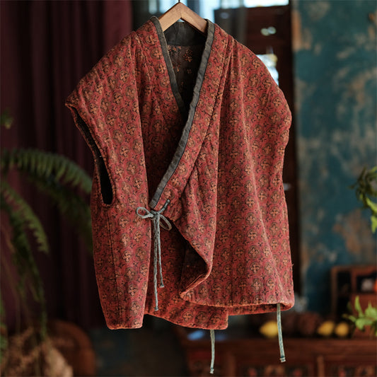 Front view of floral cotton padded vest quilted design
