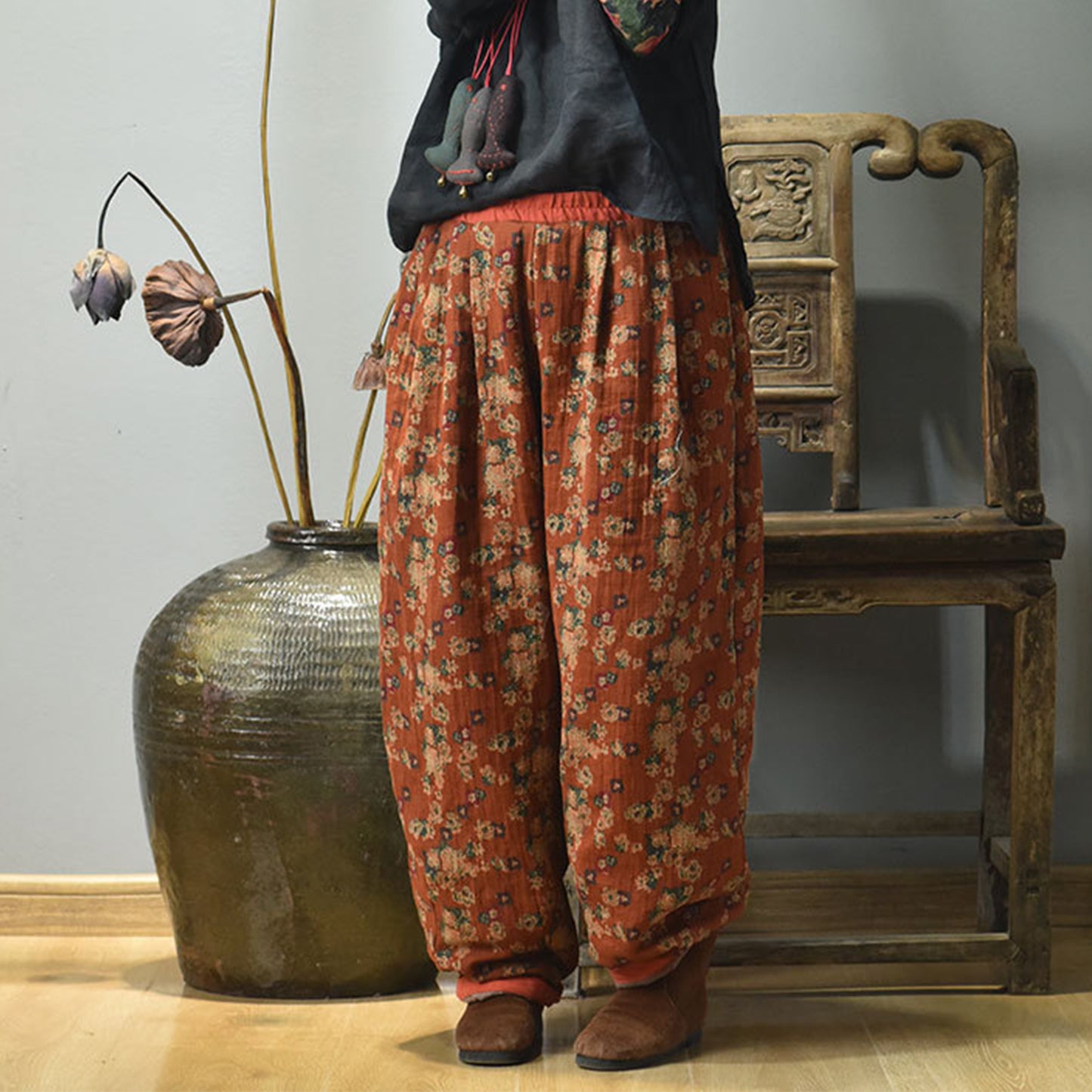 Side view of vintage floral quilted pants comfortable winter wear