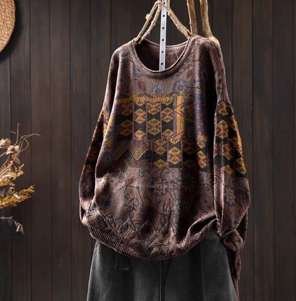 Close-up of vintage print on cotton knit sweater