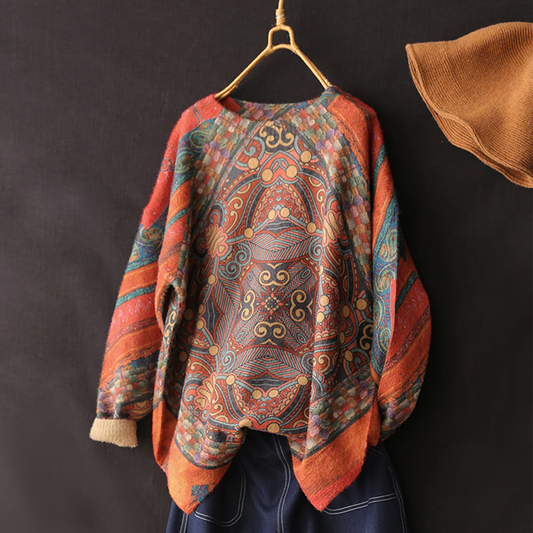 Front view of retro printed pullover sweater vintage knitwear