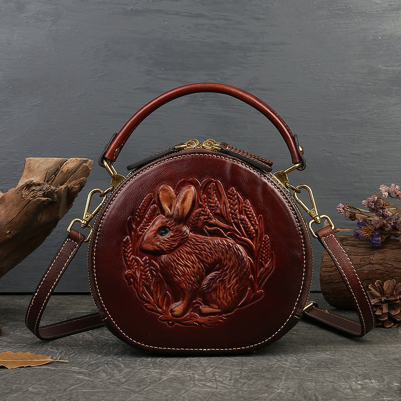 vintage rabbit pattern leather tote handbag