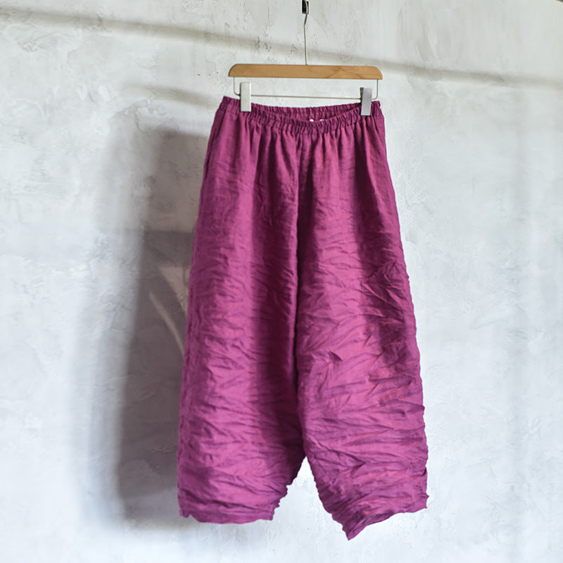 Side view of sandwashed linen pants showing lightweight drape