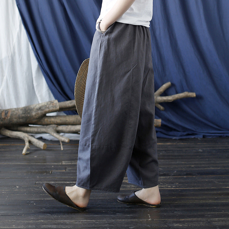 Functional side pockets on pull-on cotton linen casual pants