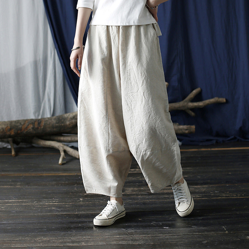 Model wearing elastic waist linen pants for everyday comfort