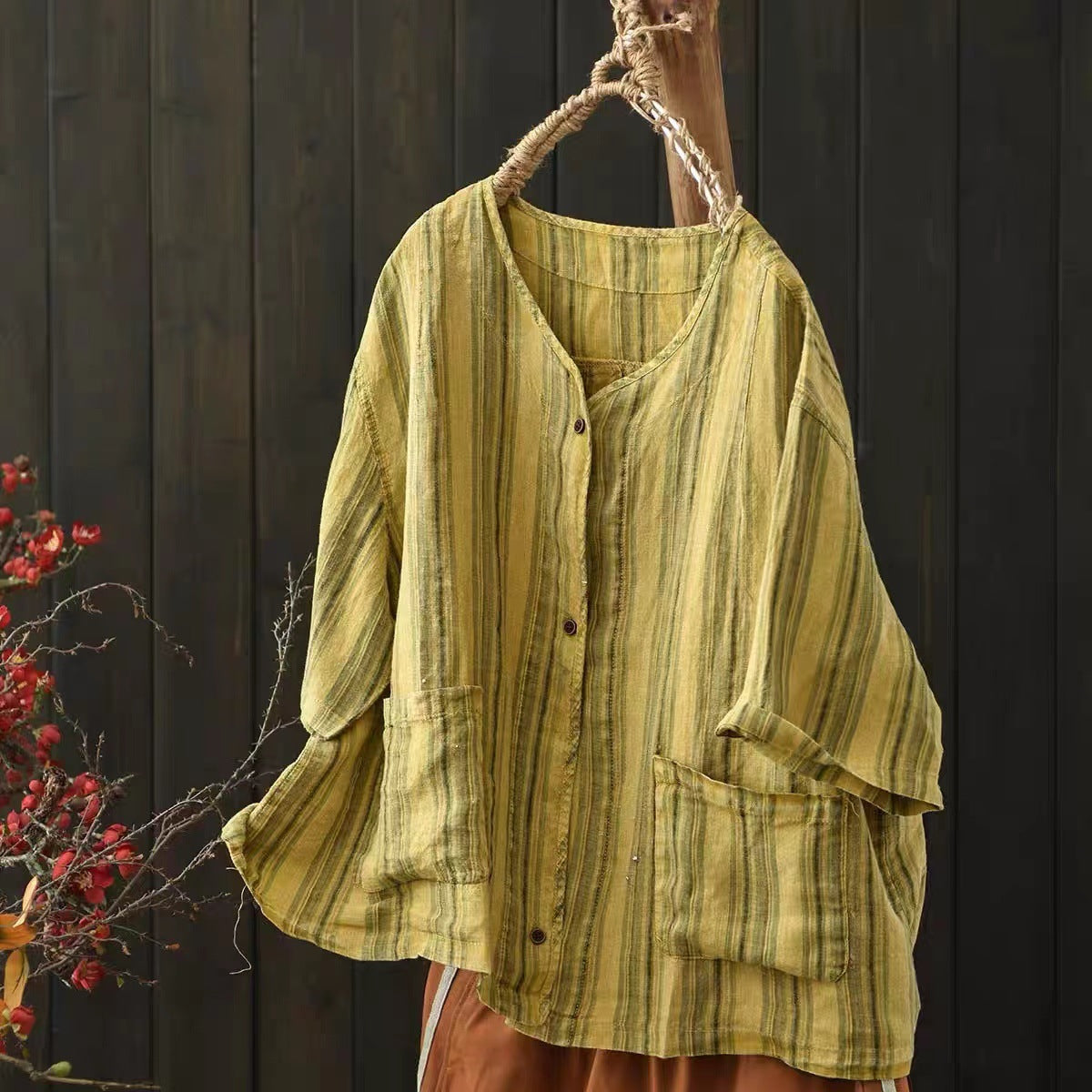 Striped linen blouse front view with a relaxed everyday fit