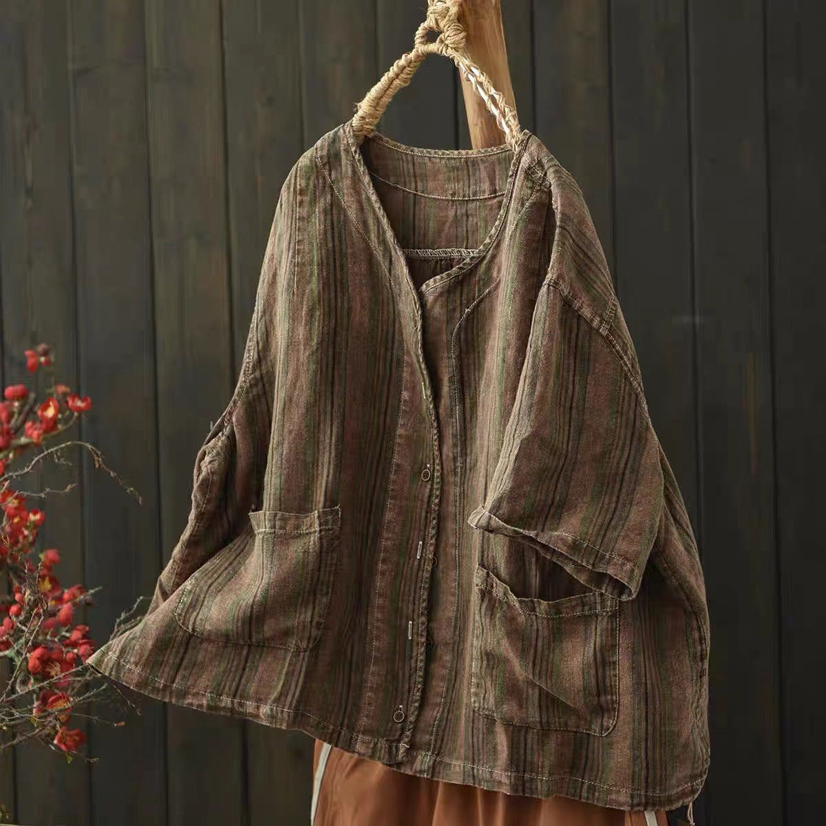 Women’s striped linen blouse with a lightweight breathable texture