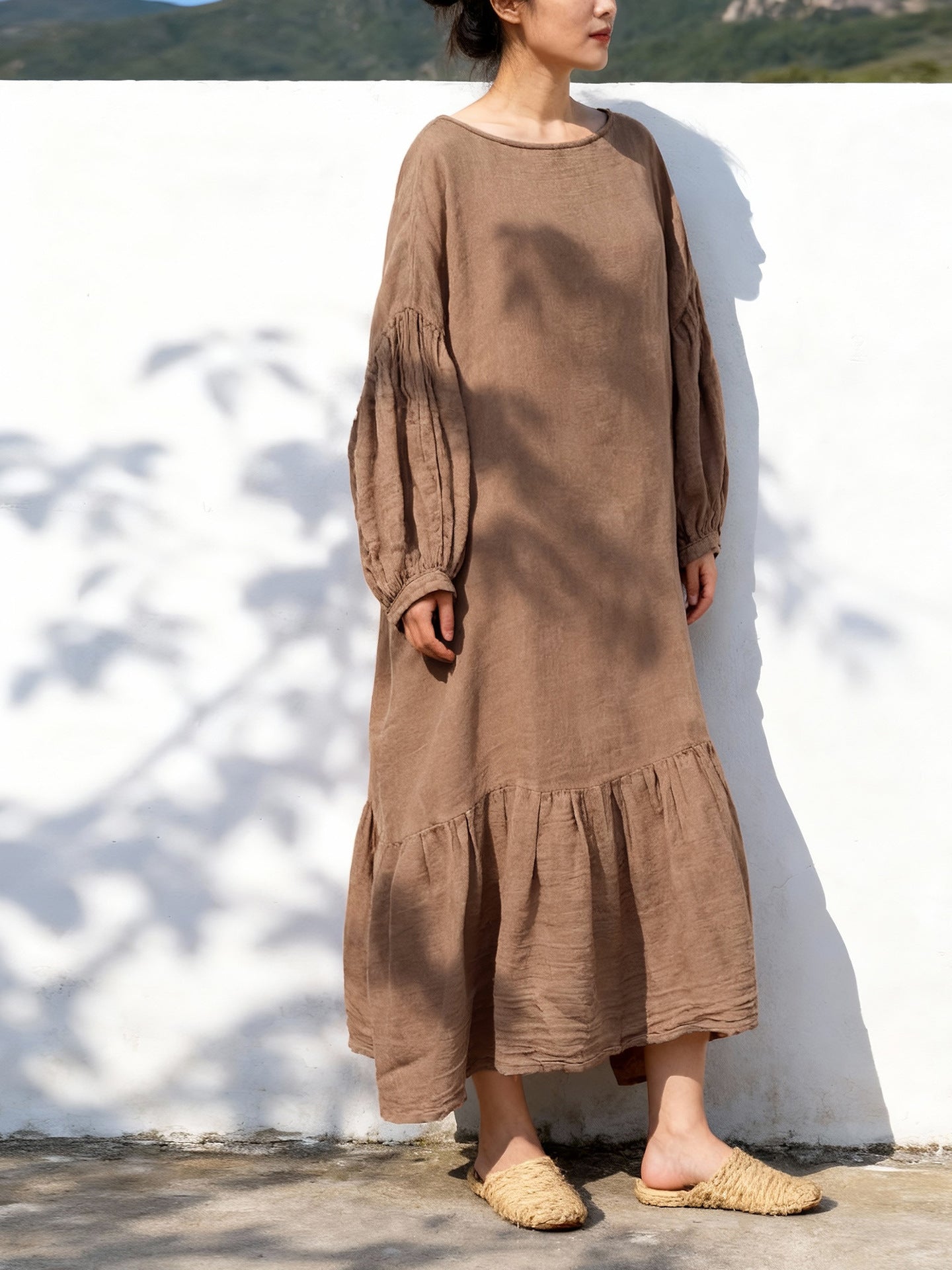 Flowing khaki midi dress for summer weddings and events