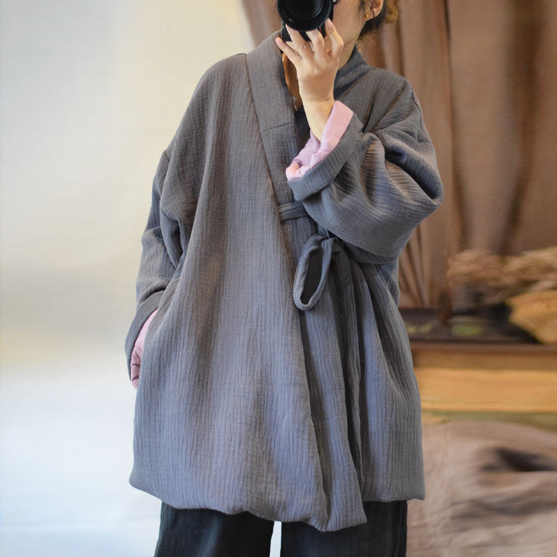 Front view of tie-front cotton quilted kimono jacket for women