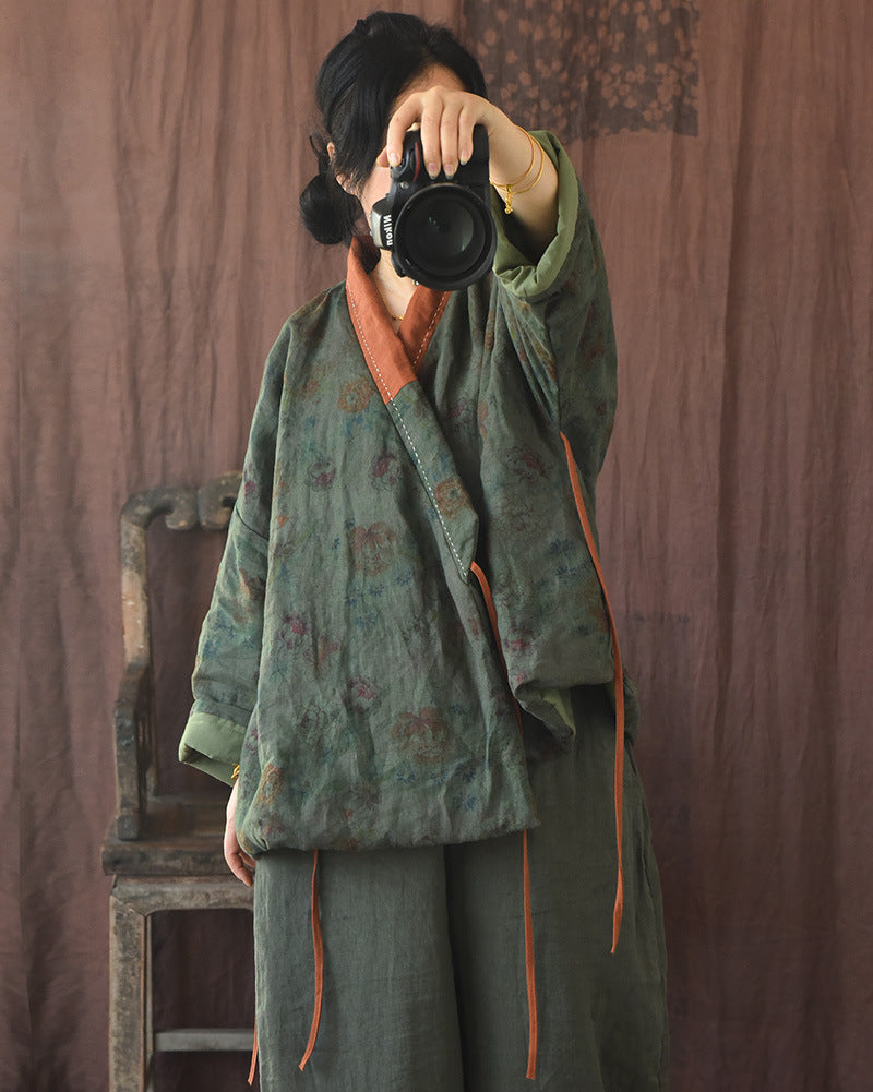 Front view of tie-front linen padded kimono jacket vintage style