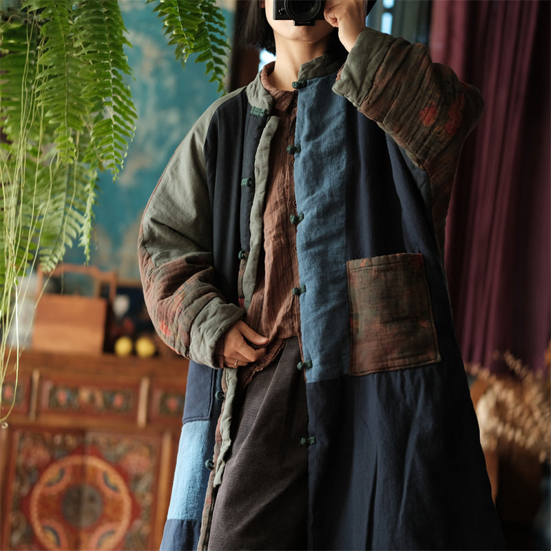 Woman wearing vintage blue colorblock quilted coat in Bohemian outfit