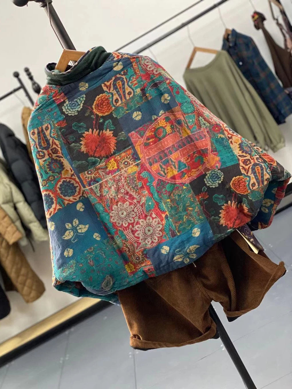 Blue Jacket Patchwork Blue Patchwork Quilted Jacket – Vintage Boho Padded Winter Coat – Storyfelt