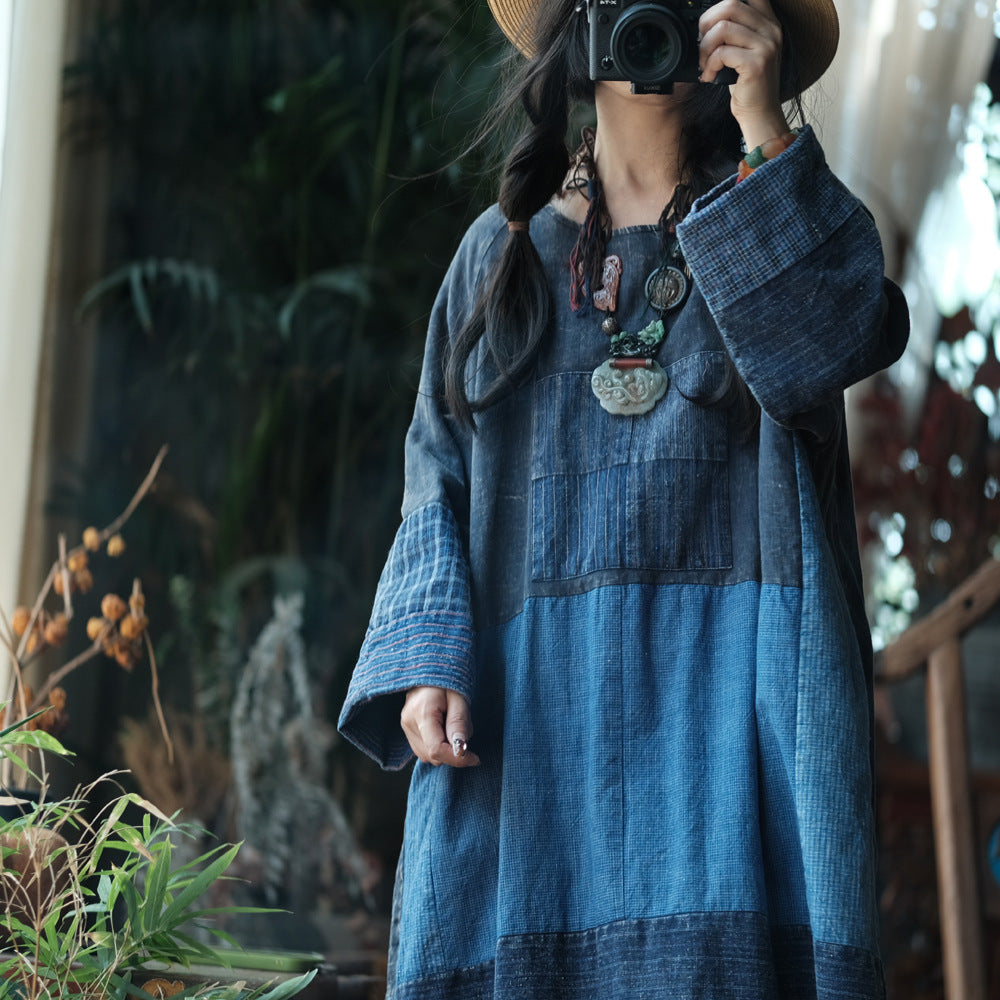 Model wearing hippie boho blue patchwork distressed dress outfit