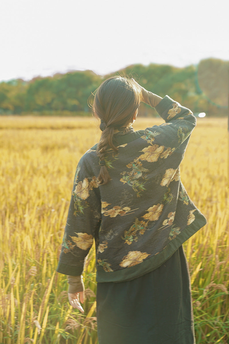 Back view of cloud-print vintage quilted jacket for women