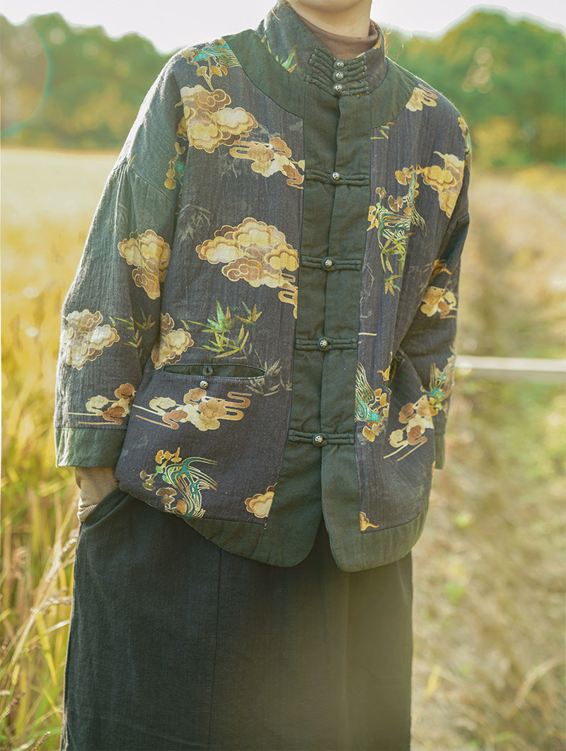 Front view of vintage distressed cloud-print quilted jacket