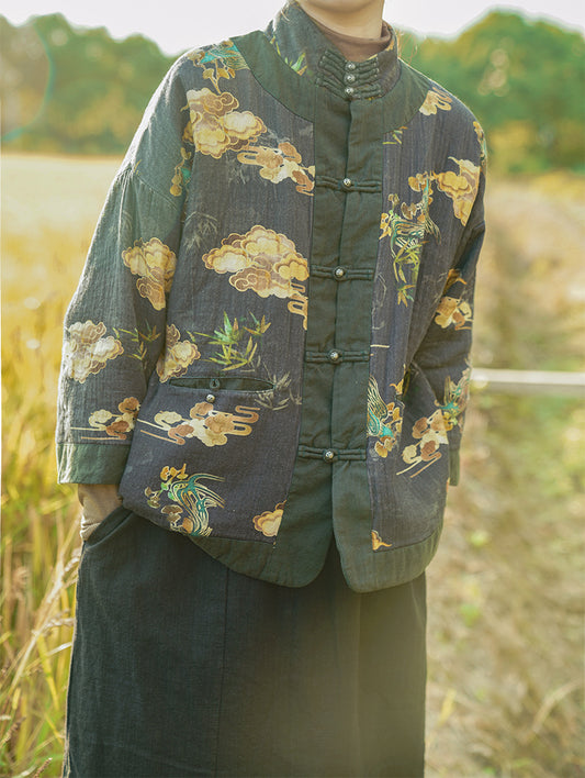 Front view of vintage distressed cloud-print quilted jacket