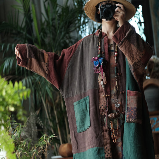 Front view of Vintage Colorblock Patchwork Quilted Coat with cozy padding and boho silhouette