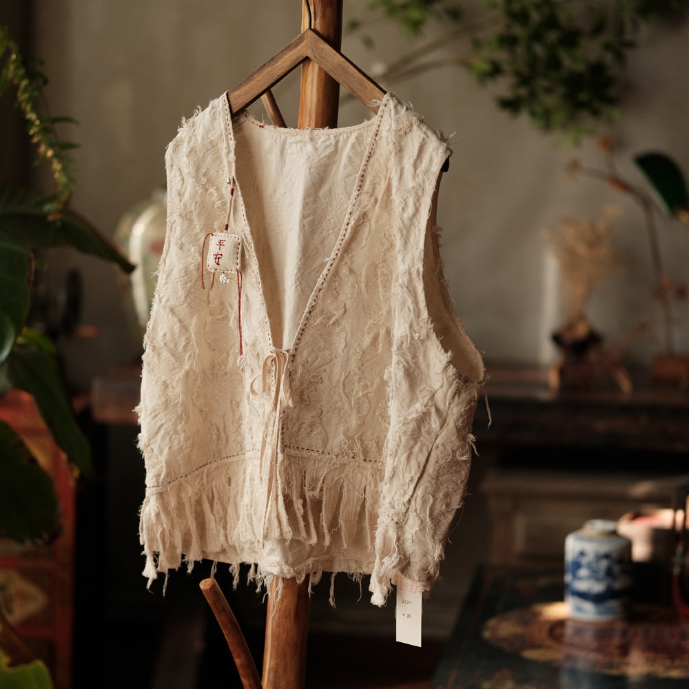 Vintage cotton-linen vest with fringe hem