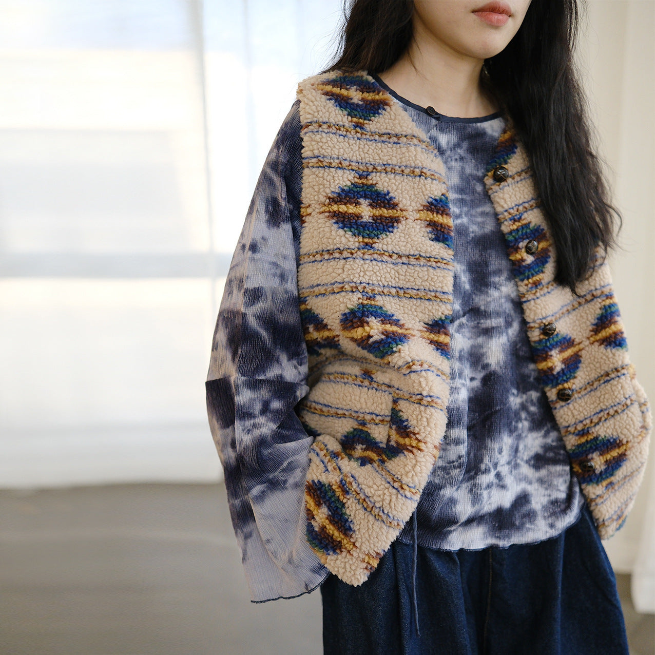 Front view of Vintage Cozy Faux Shearling Vest for women