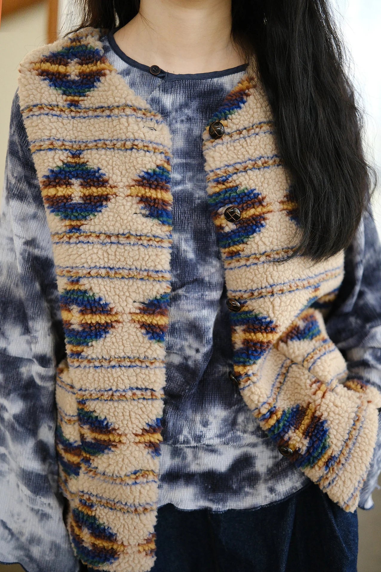 Side view of Vintage Cozy Faux Shearling Vest showing retro design