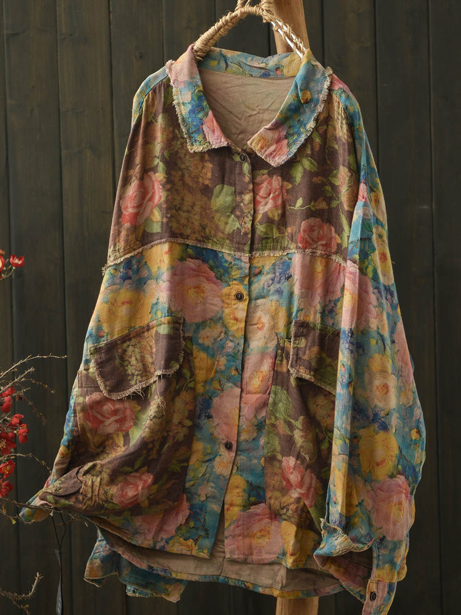 Bohemian floral shirt with distressed vintage design, featuring lightweight unlined fabric and hippie-inspired style.