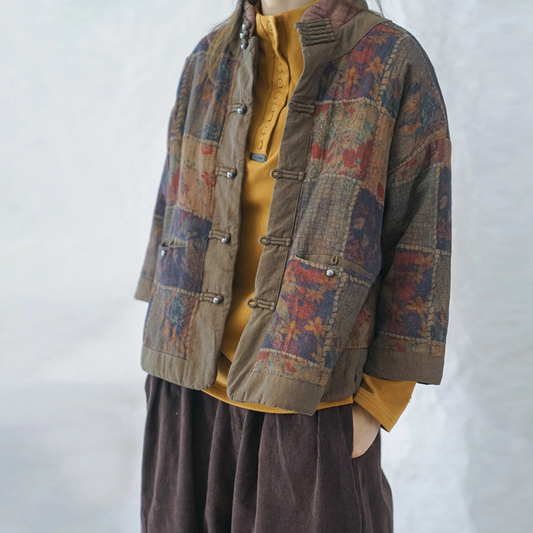 Vintage distressed printed quilted jacket front view