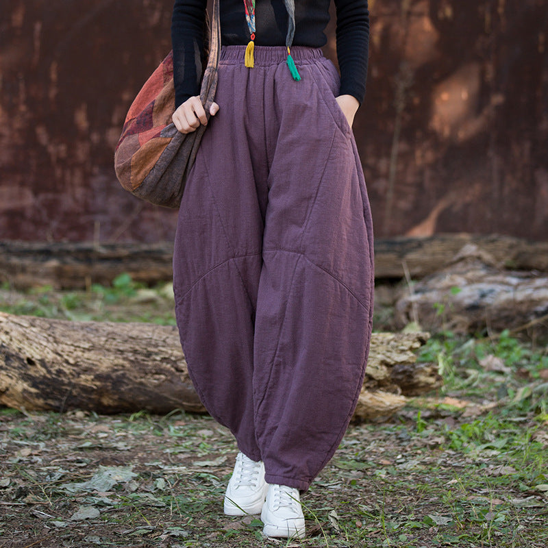 Fit view of distressed ramie quilted pants