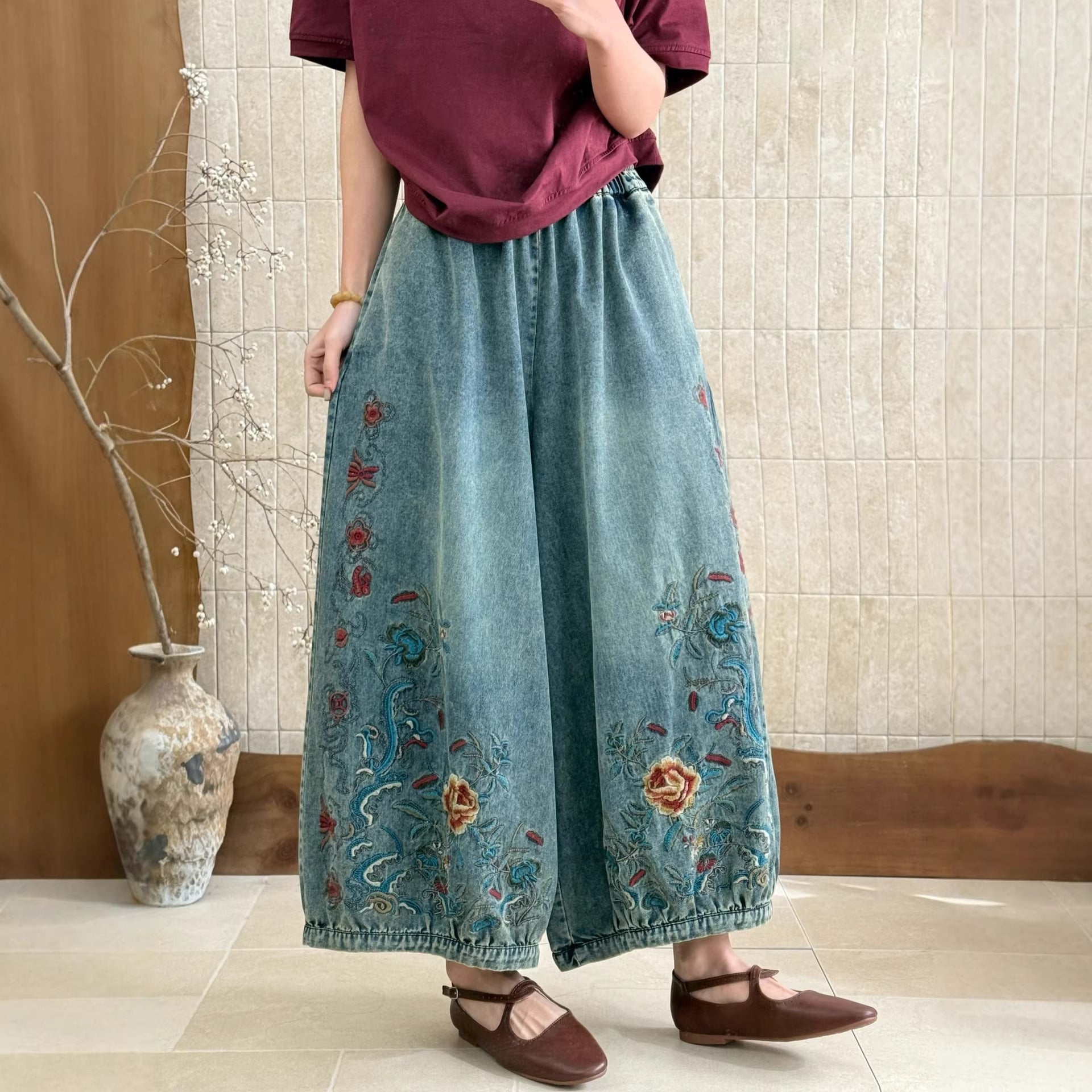 Women’s vintage embroidered denim pants with delicate stitched detail