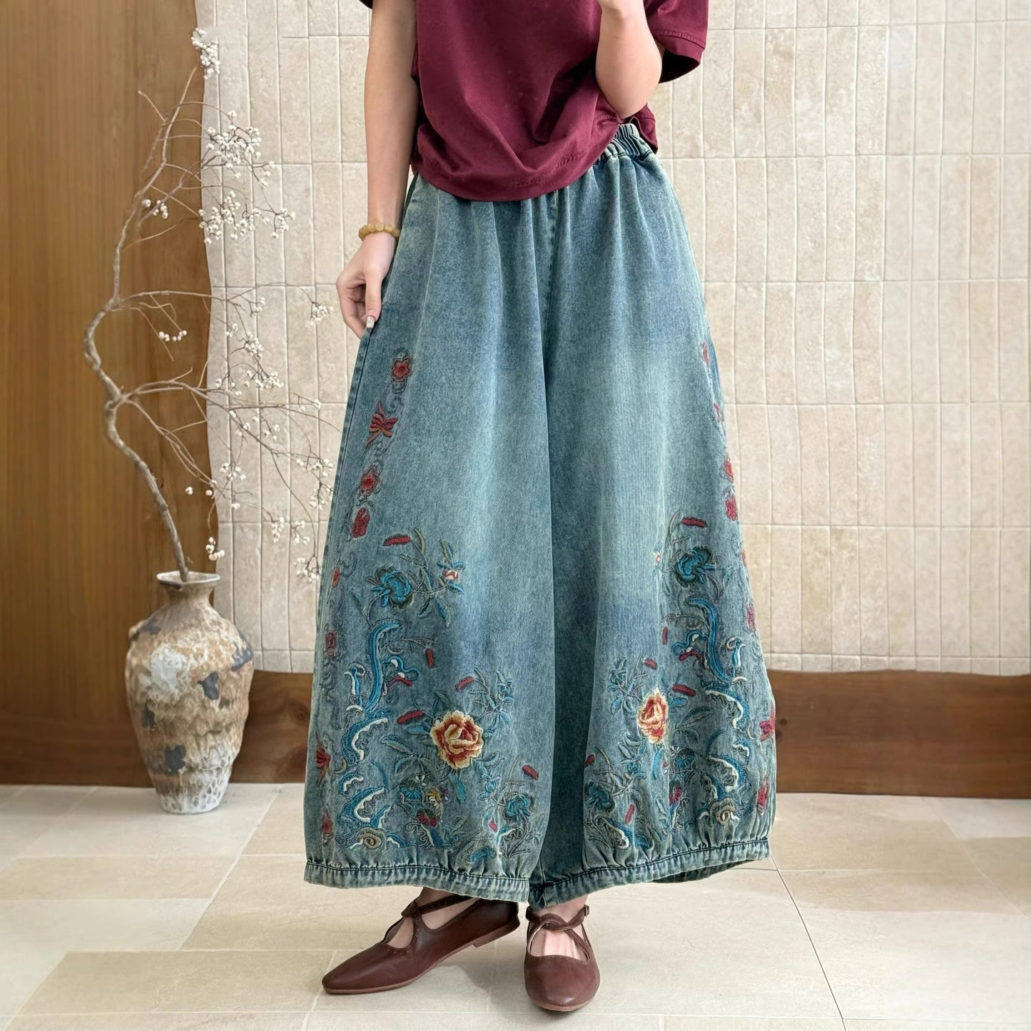 Vintage embroidered denim pants styled with a simple top