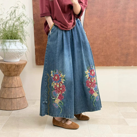 Vintage embroidered denim pants front view with a relaxed everyday fit