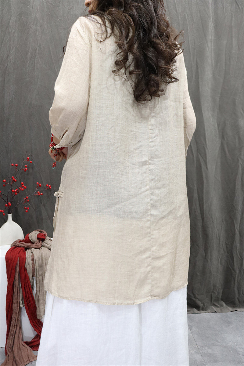 Back view of embroidered ramie blouse for women