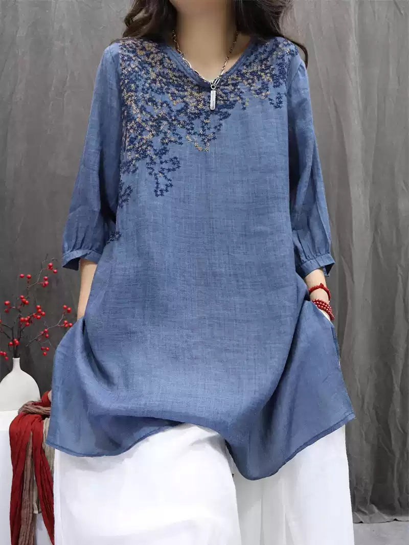 Blue embroidered ramie blouse for women