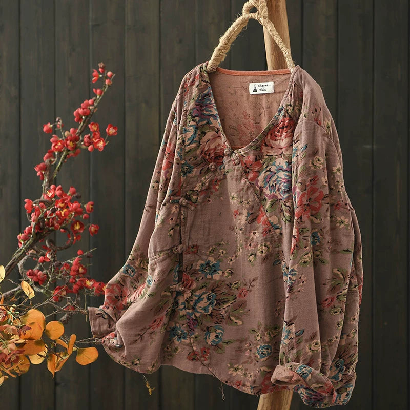Floral Print Blouse with Chinese Frog Buttons