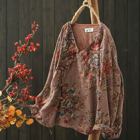 Floral Print Blouse with Chinese Frog Buttons