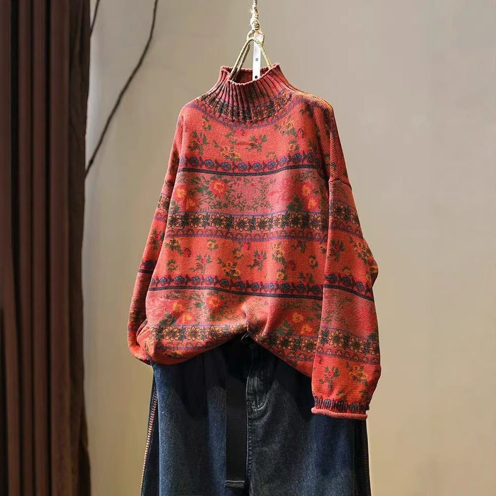 Casual fall outfit styled with floral cotton knit sweater