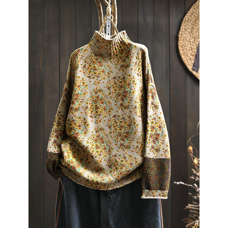 Detail of soft cotton knit high-neck sweater