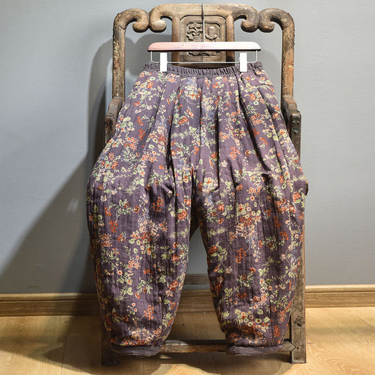 Front view of vintage floral quilted pants for winter