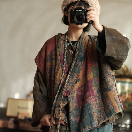 Front view of cotton ditsy floral quilted tie-front vest