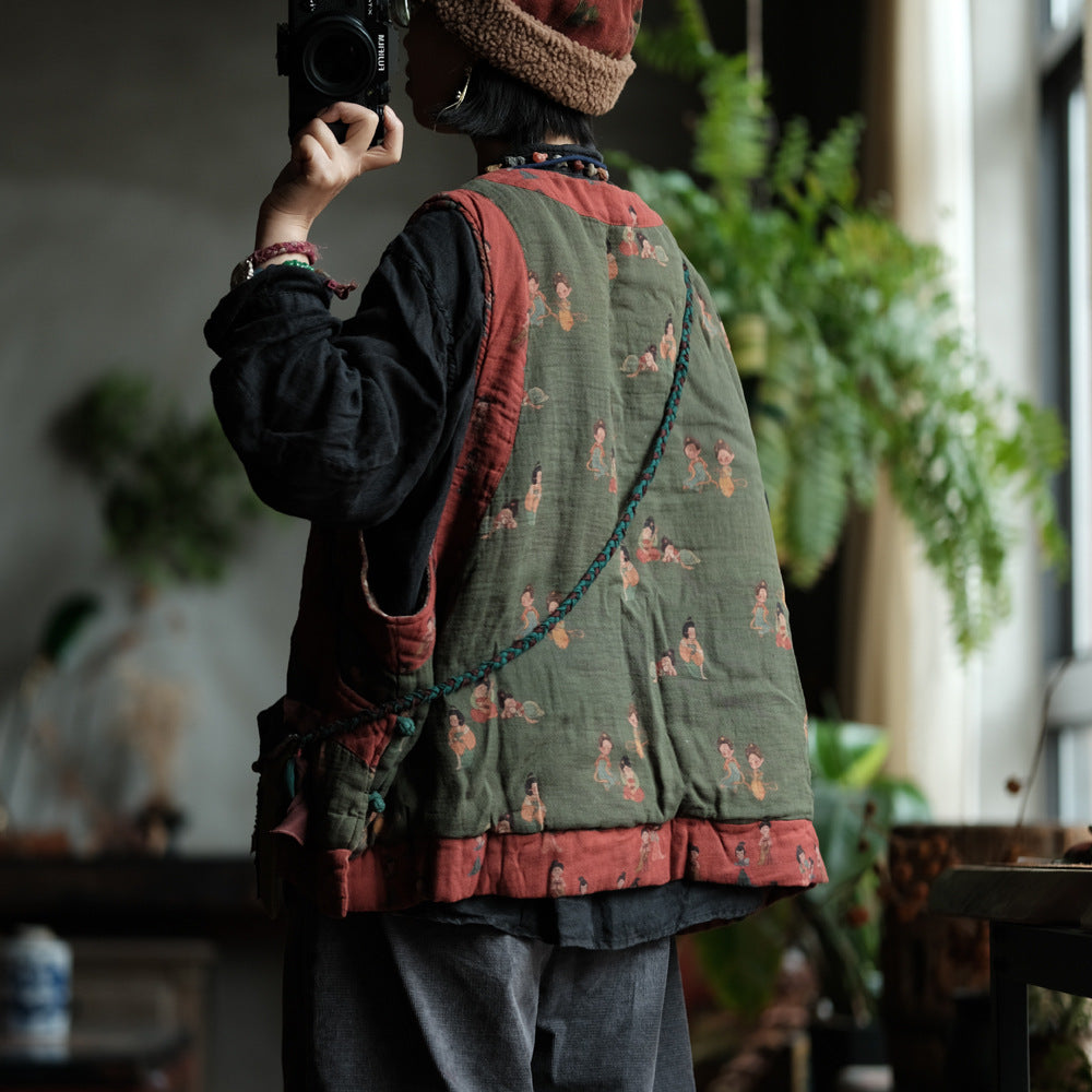 Back view of vintage whimsical green padded quilted vest