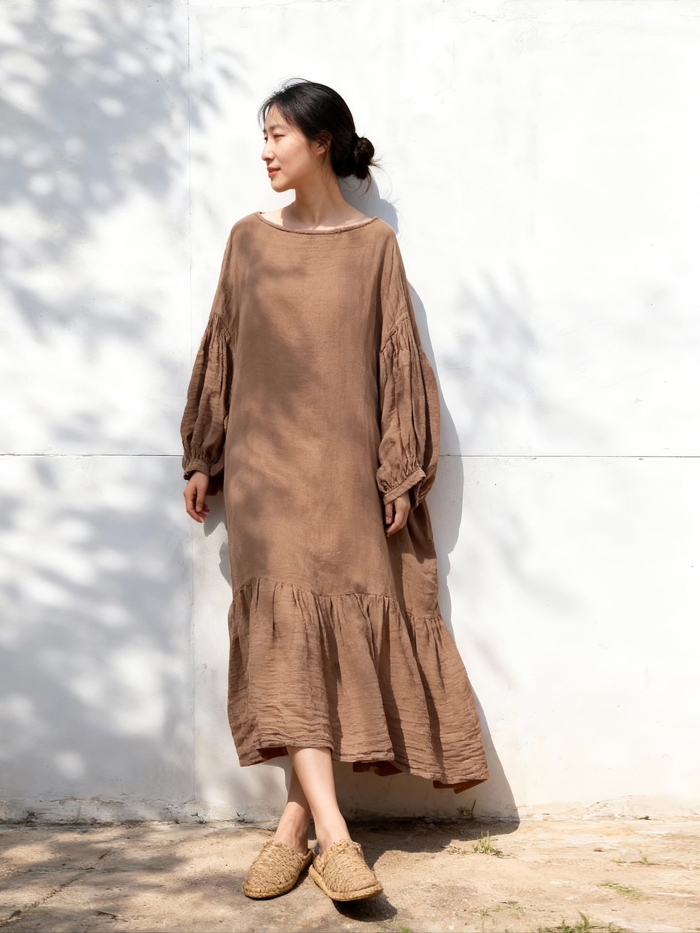 Close-up of premium khaki ramie fabric texture