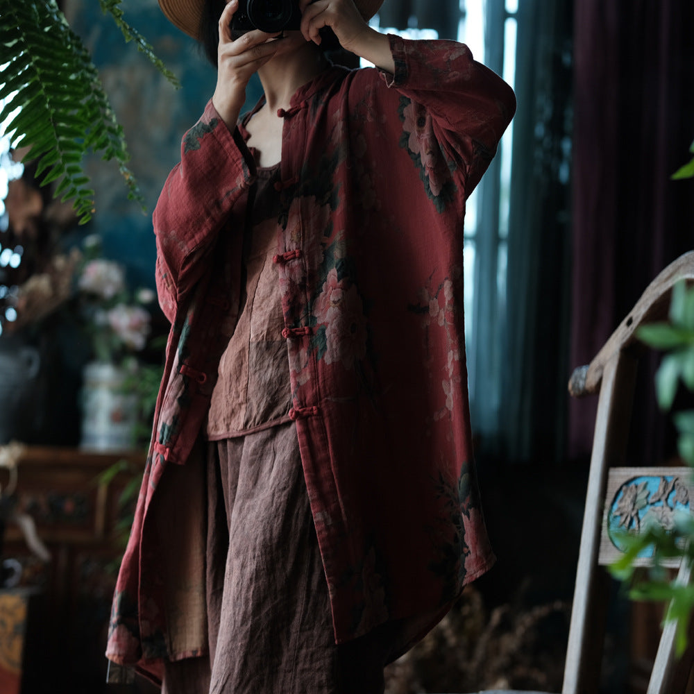 Red Floral Button-Up Cotton Jacket Front View