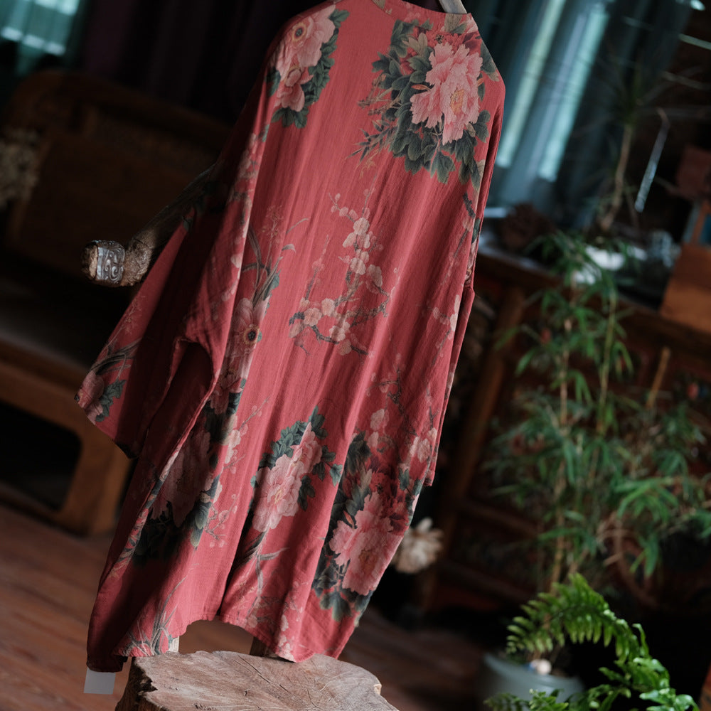 Red Floral Cotton Jacket Back View