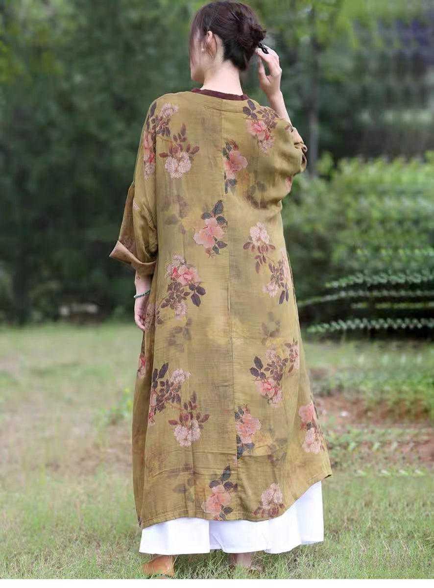 Model wearing vintage floral cotton kimono jacket, back view